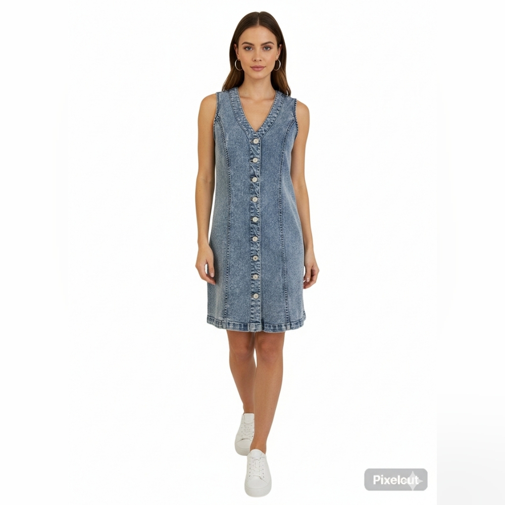 Frye Denim Vest Button Up Mini Dress - Light Wash Blue - Small